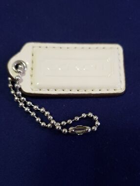 Coach White Patent Leather Tag Keychain with Silver Ball Chain